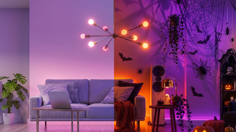 Purple Halloween living room with spiderwebs and bats