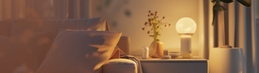 Cozy living room with a lamp, plant, and decorative items on a table.
