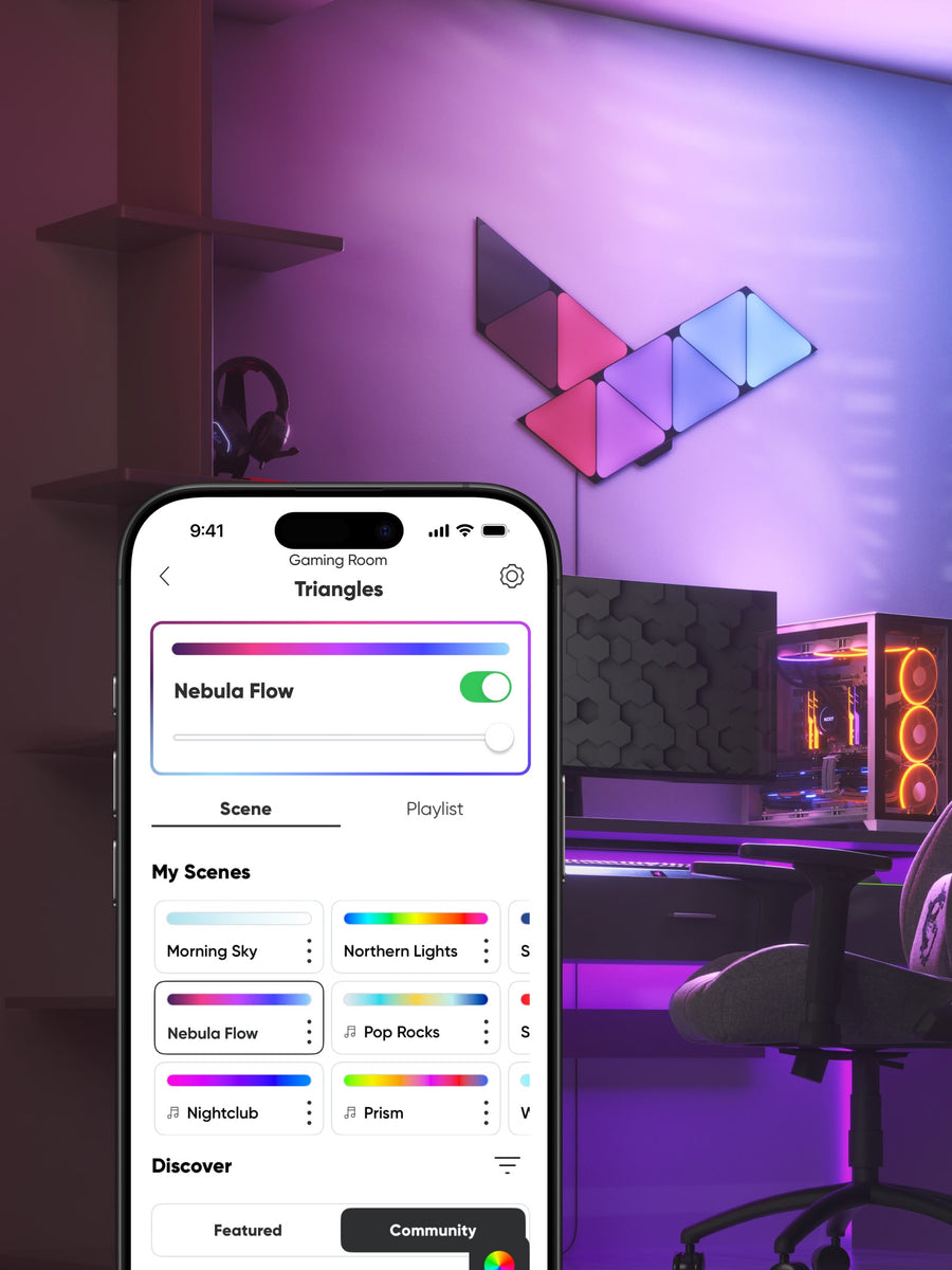 A smartphone app interface for a light control app is shown in the foreground, with a gaming room scene in the background featuring purple ambient lighting, geometric wall lights, a desk setup, and a chair.