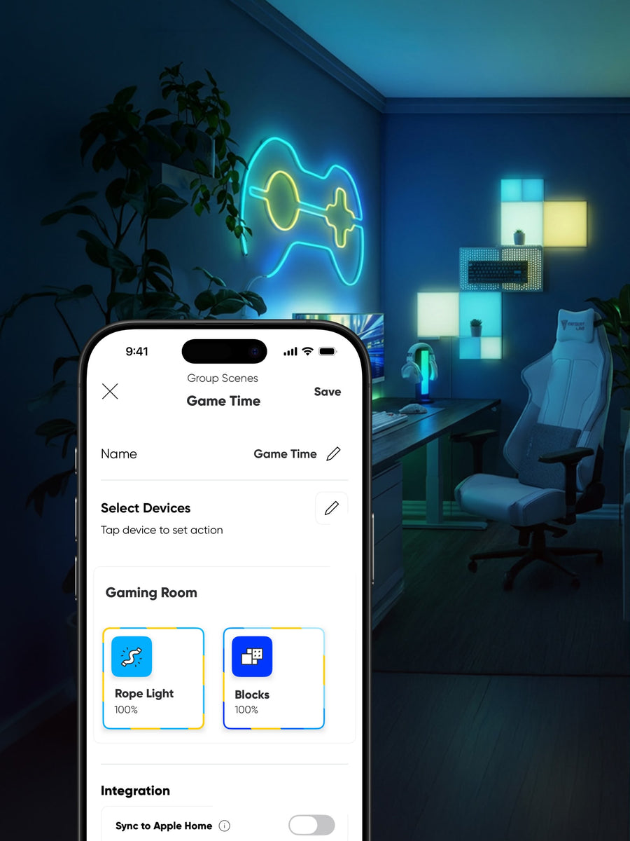 A smartphone app screen showing a gaming room scene with a neon game controller wall sign, desk, chair, and ambient lighting, overlaid with controls labeled Game Time, Rope Light, and Blocks.