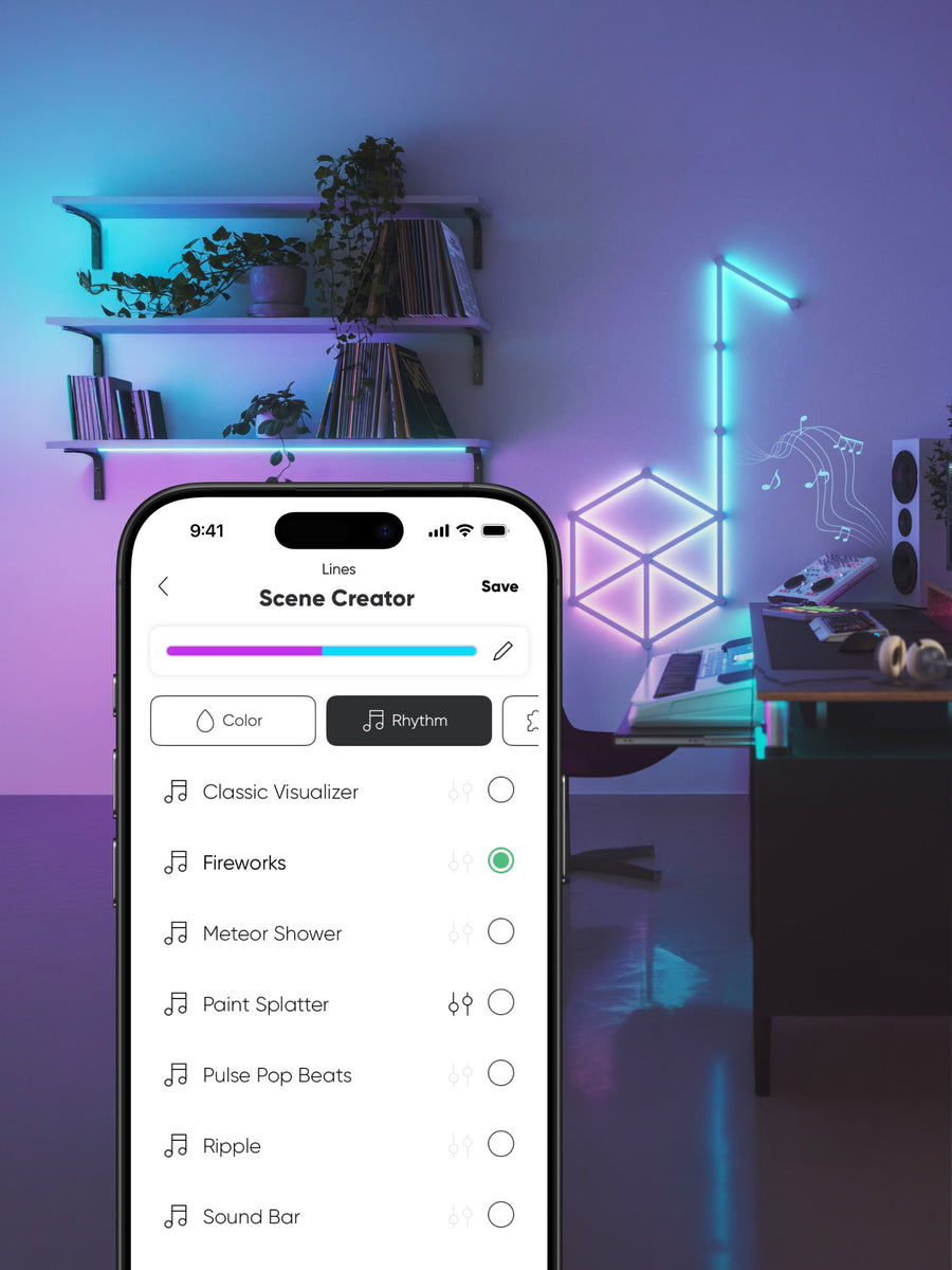 A smartphone screen displays a music app interface labeled 'Scene Creator' with options like Color, Rhythm, Classic Visualizer, and Fireworks. The phone is placed in front of a stylized room with blue and purple ambient lighting, shelves, books, and a desk setup.