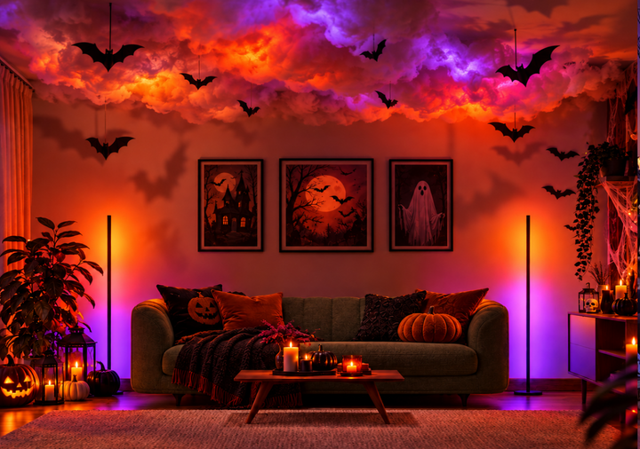 Halloween living room with glowing cloud ceiling and bats