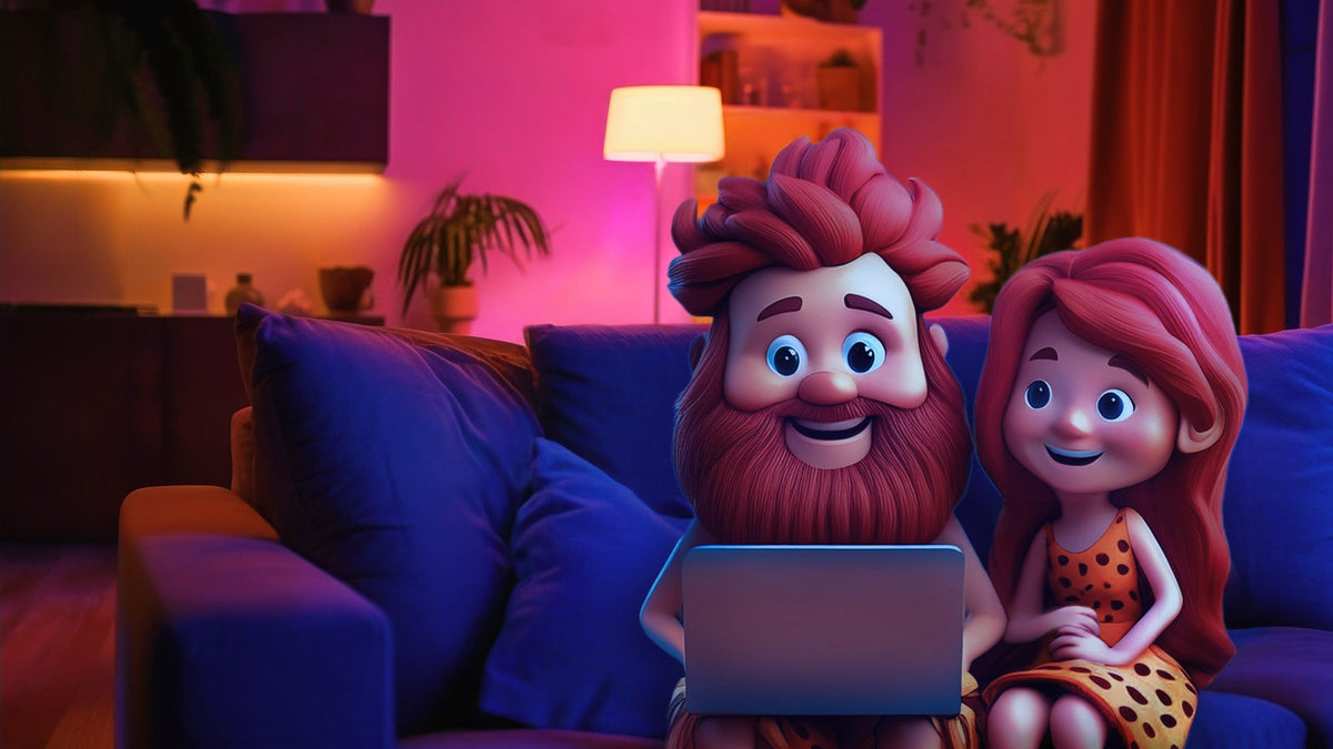 Cartoon characters sitting on a couch with a laptop in a cozy room, led bulb light in background